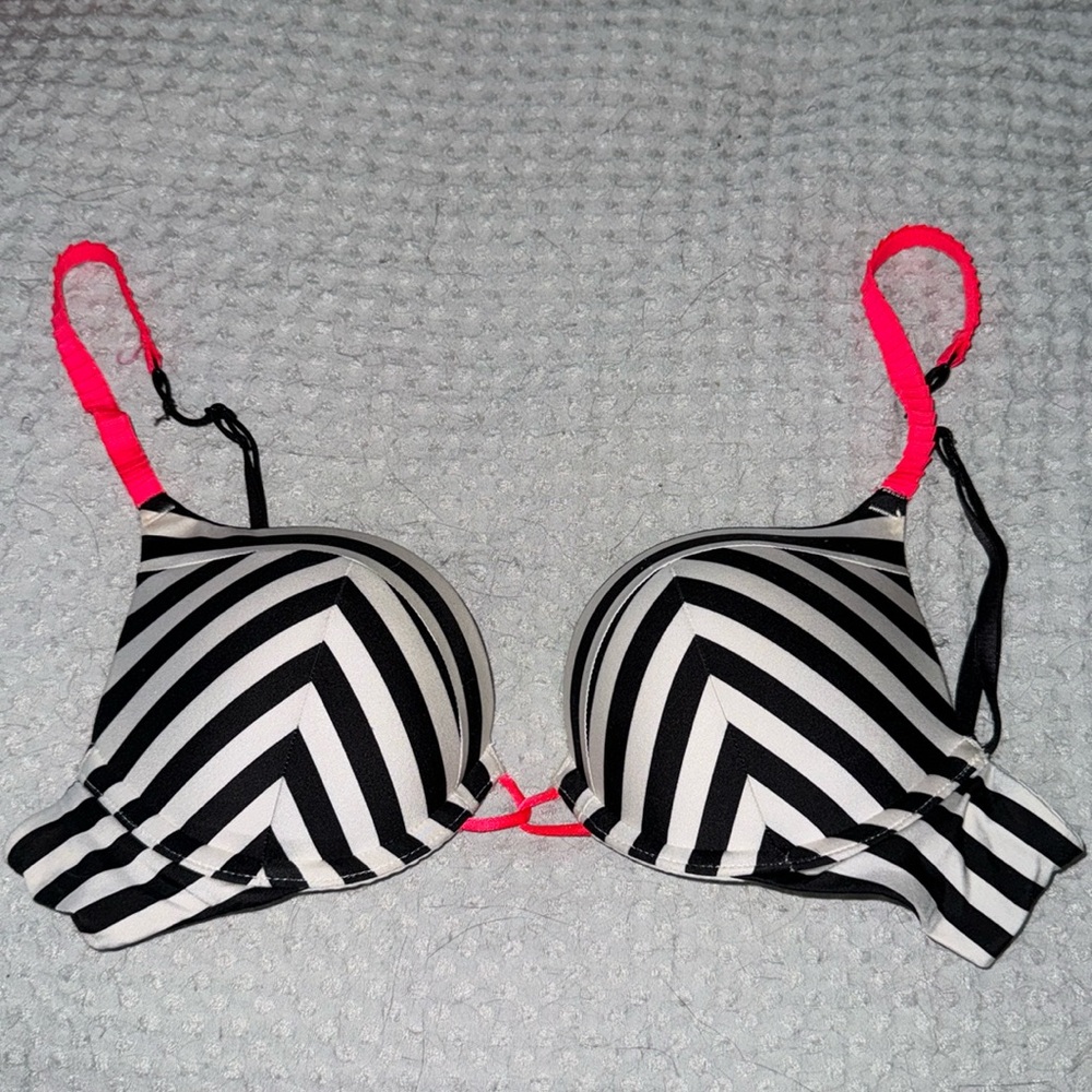 Victoria's Secret Black & White Striped Bra with Pink Accents